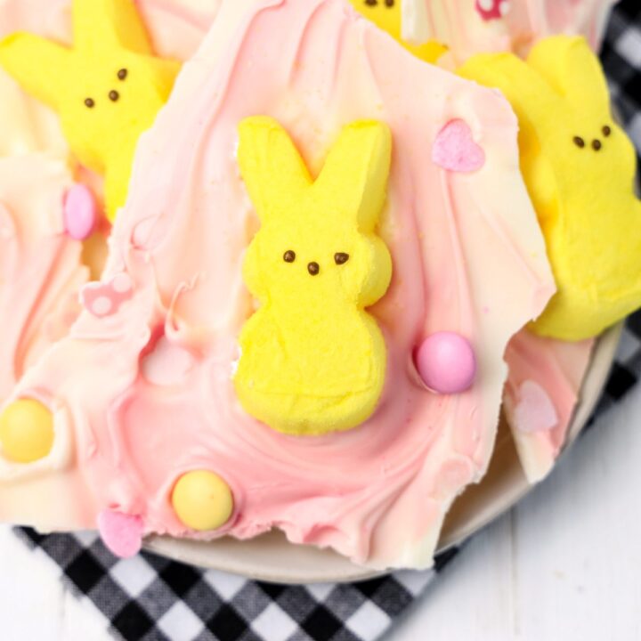 Bark candy made in pastel colors with a Peeps Marshmallow on top