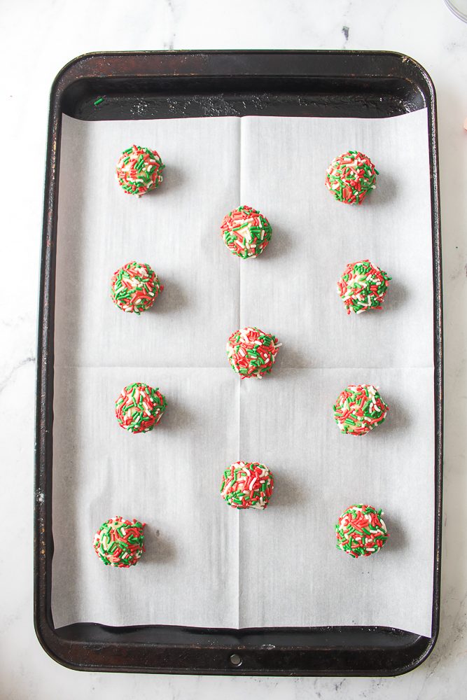 Fun Christmas cookies made with Red, green and white sprinkles and a peppermint chocolate kiss candy