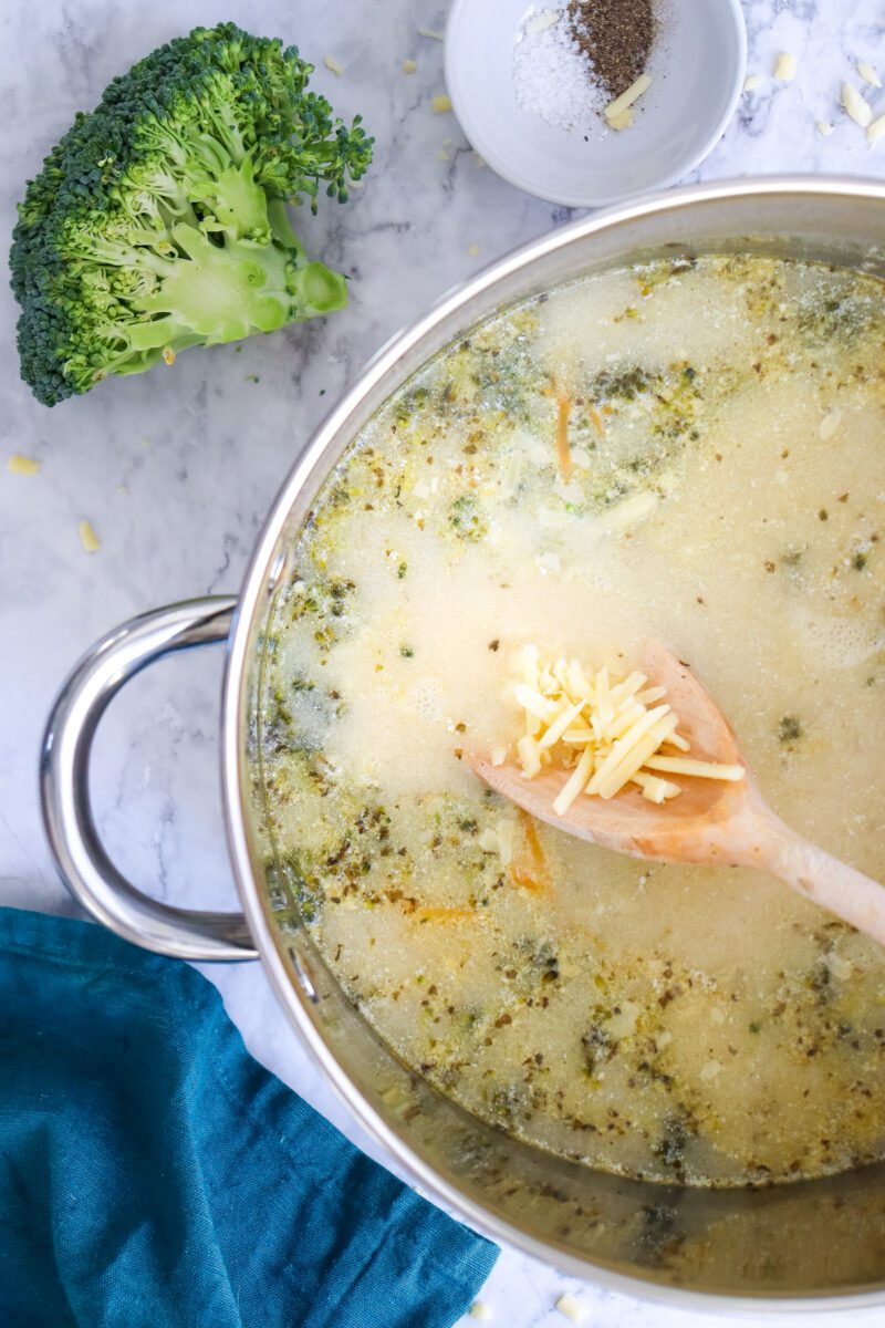 Broccoli Soup made on the stove top with Cheddar Cheese served in a bread bowl