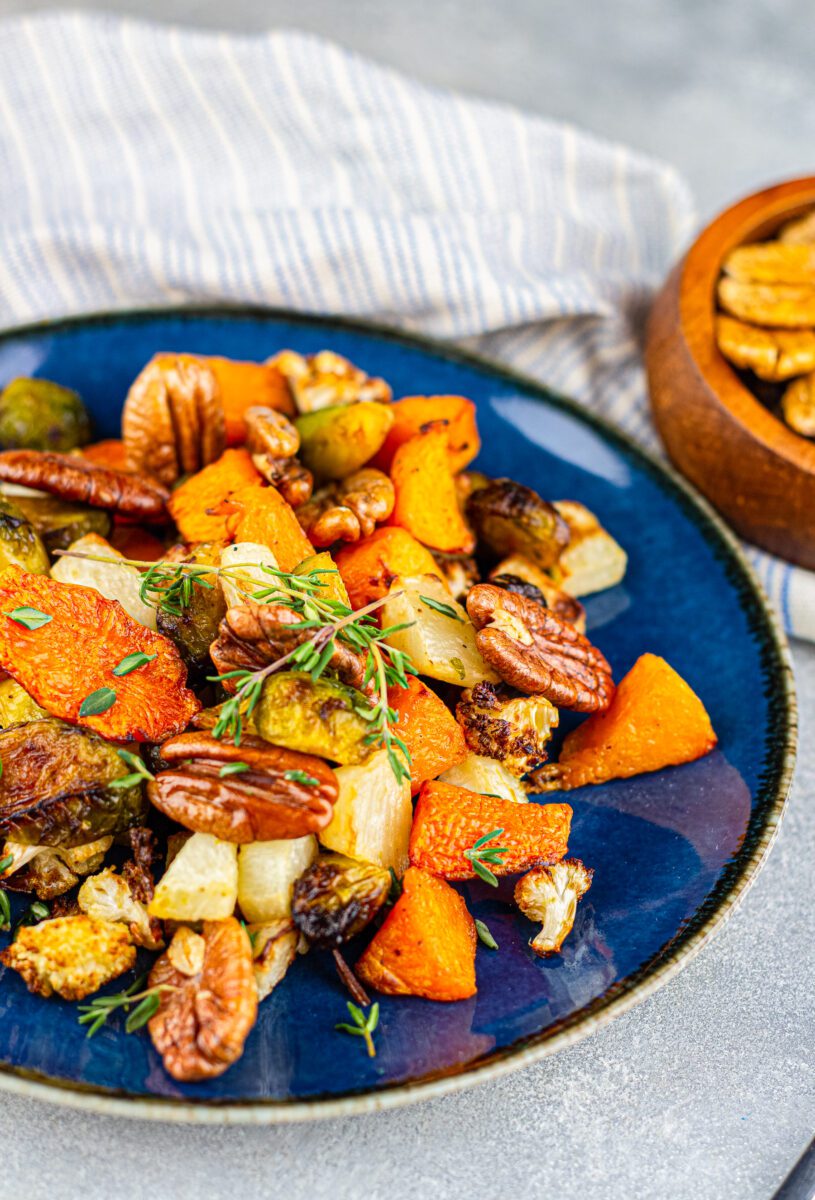 Vegetables made in an air fryer on a blue plate
